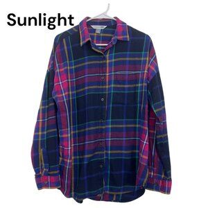 Old Navy Womens Boyfriend Plaid Shirt Size L Navy Blue-Pink Relaxed Fit